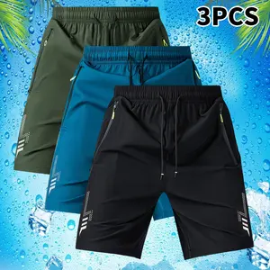 3-piece set: men’s shorts with zippered pockets, summer ice silk beach shorts, cool-feel quick-dry sports casual shorts; menswear, suitable for running and fitness.