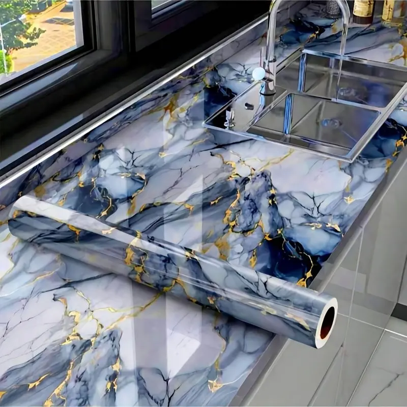 Self-Adhesive Waterproof Wallpaper, Glossy Gold Blue Marble Film, Oil-Resistant Kitchen Splash Board, Kitchen Wallpaper Peel and Stick, Marble Pattern Wallpaper, Easy Cut & Paste Wall Decal for Cabinets, Countertops, Bedrooms, Living Rooms