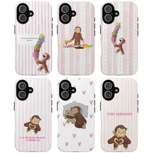 Cute Curious Monkey Pink Aesthetic Cartoon Tough Phone Case for iPhone 11-17 Pro Max Plus. Curious George Inspired, Anti-Drop, Waterproof, Shockproof, Glossy, Scratch-Resistant Full Protection.