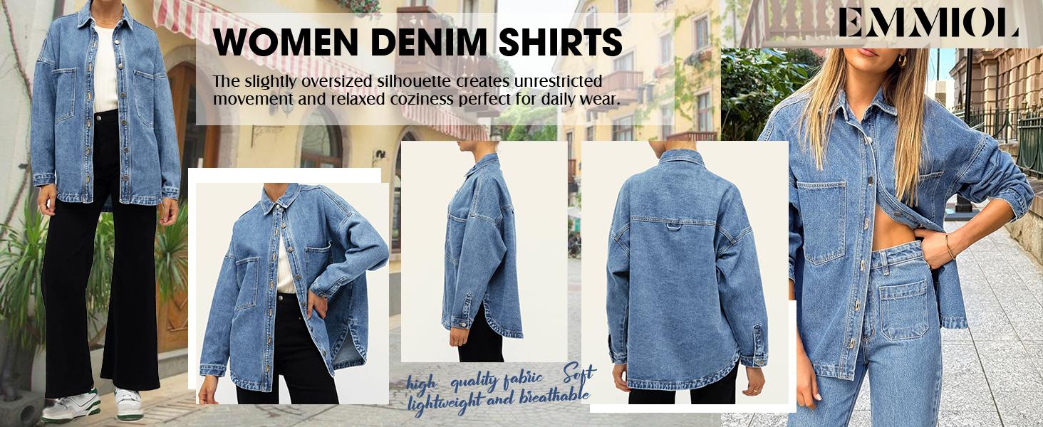 EMMIOL Women Denim Shirts Oversized Long Sleeve Button Down Blouse Distresse Jean Jacket Fall Outfits 2025