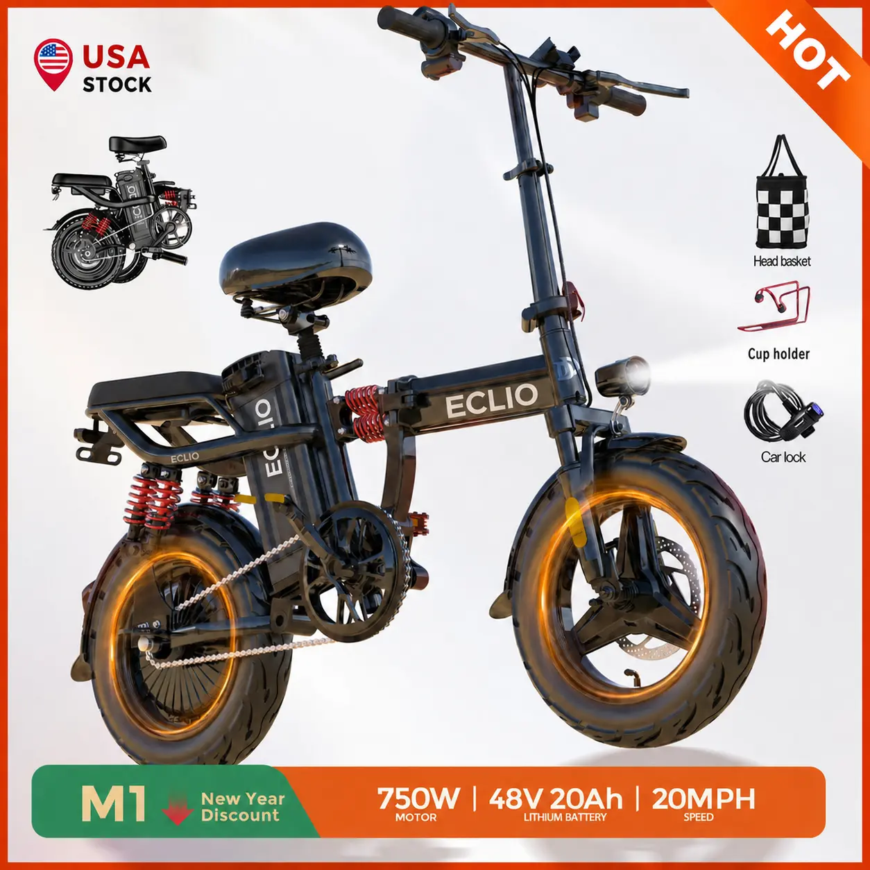 750W Eclio M1 Anti-theft Folding Budget Electric Bike, 40V 20Ah Removable Battery, 50-70 Miles Range, 28MPH Top Speed, 11 Spring Shock Absorbers, 14-Inch Tires, UL Certified Commuting E-Bike for All Ages, 12 Months Customer Support