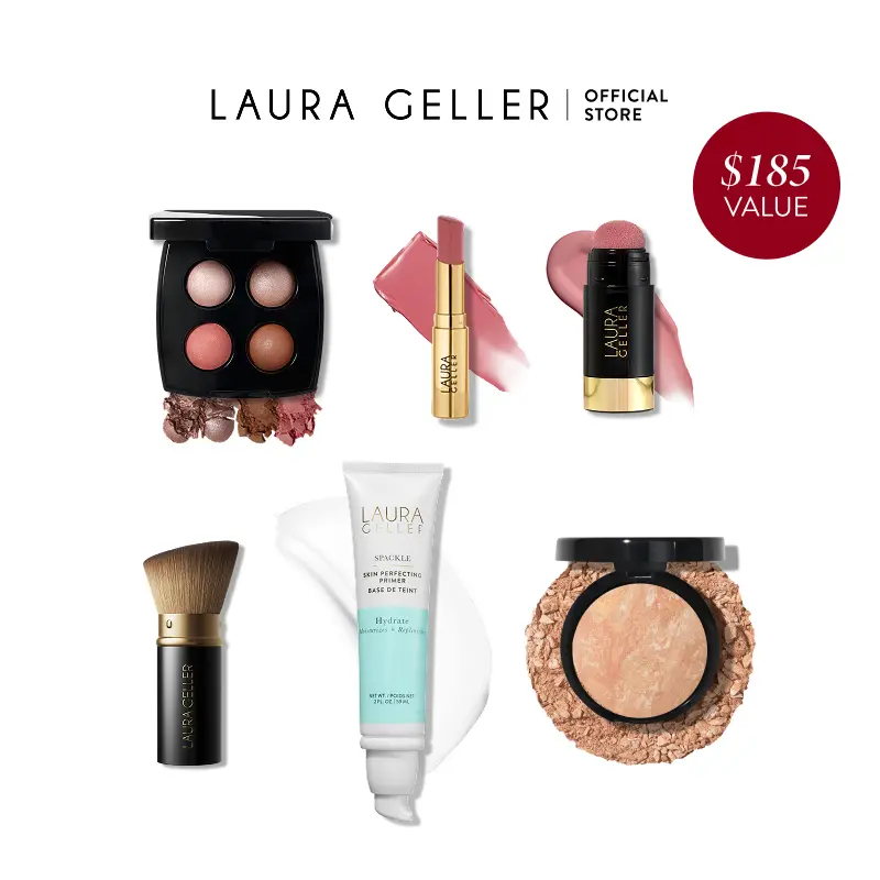 Laura Geller New Icons Kit 6 PC Baked Balance-n-Brighten Foundation Spackle Primer Serum Blush Jelly Balm Eyeshadow Quad Kabuki Brush Makeup Cosmetic