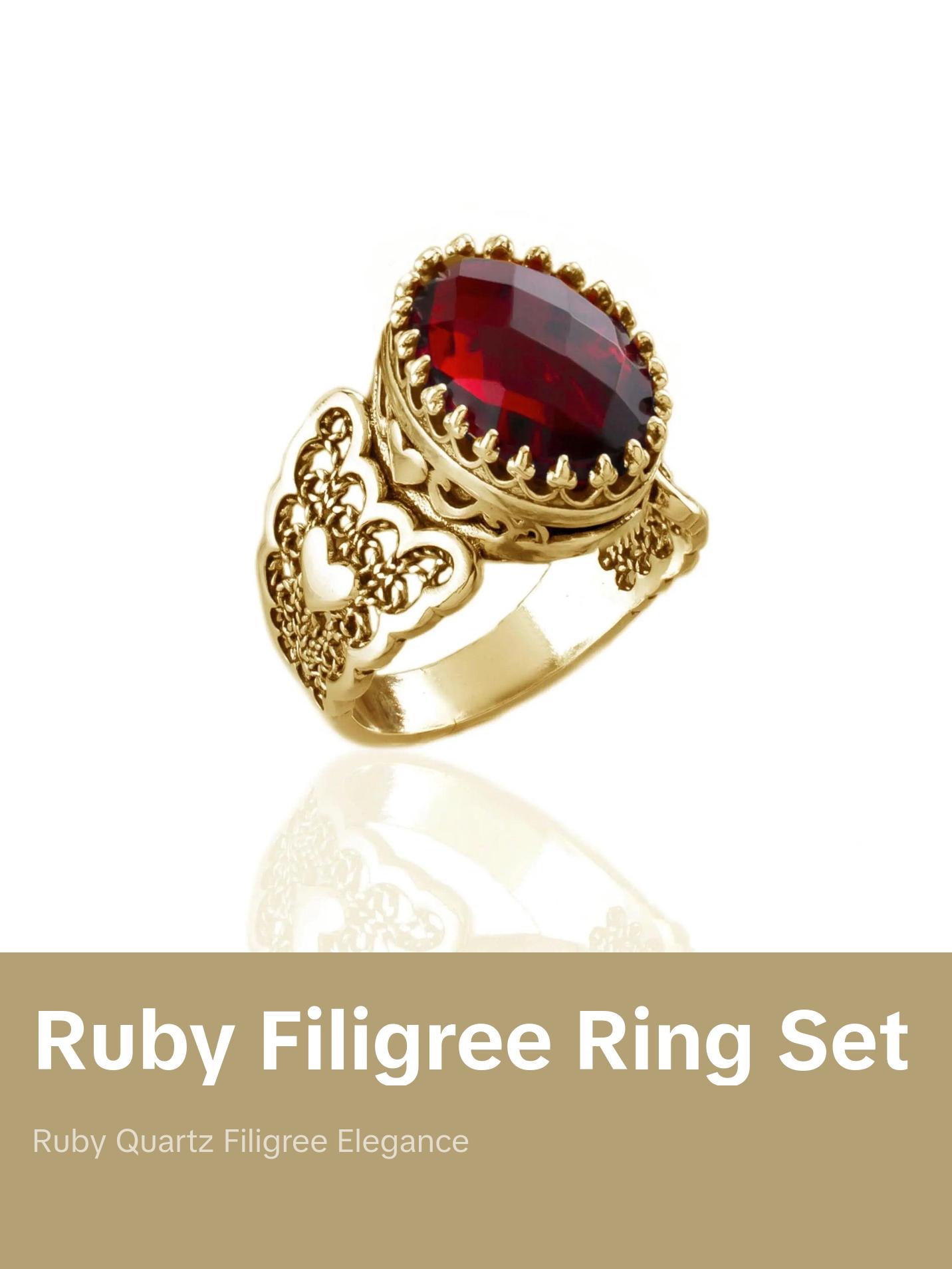 Double Heart Detailed Ruby Gemstone Filigree Art Gold Plated Sterling Silver Women Statement Ring