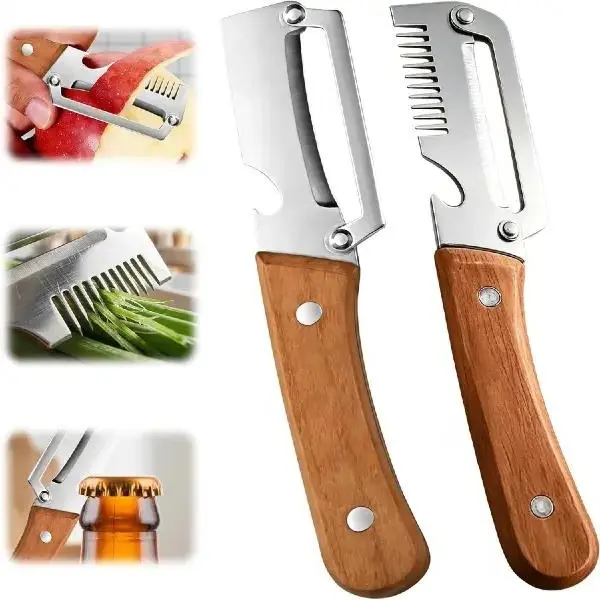 3-in-1 Kitchen Utensil Fruit & Veggie Peeler with Sharp Stainless Steel Blade, Wooden Handle, Ergonomic Non-slip Grip & Bottle Opener for Easy Peeling