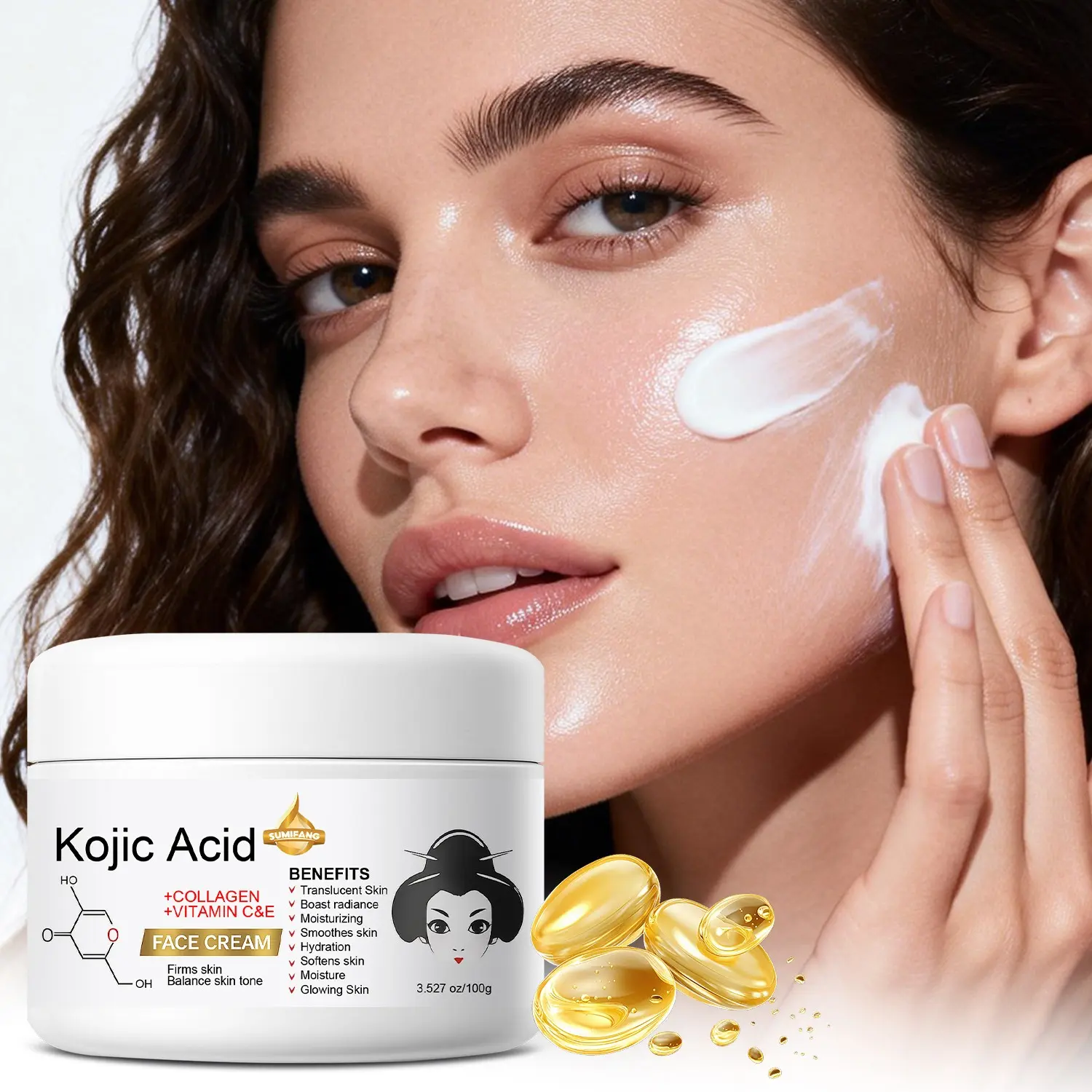 Kojic Acid Collagen Brightening Cream 100g Moisturizer | Kojic acid + collagen + vitamins C & E, Moisturizing, improves dullness and brightens skin tone | Moisturizes, firms, and is non-sticky, creating a radiant complexion