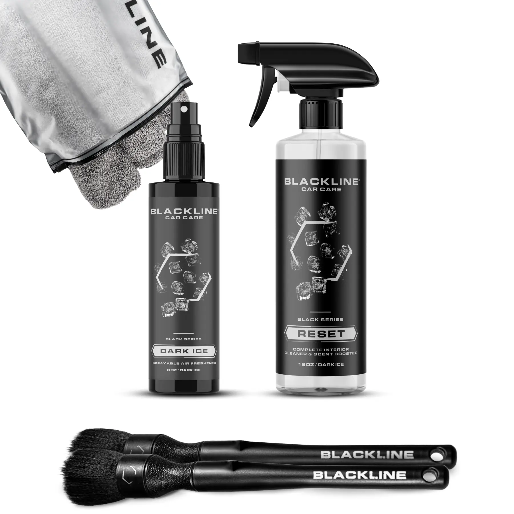 BLACKLINE RESET KIT - Scented Interior Cleaner, Air Freshener, Microfibers & Soft Brush Set - Eliminate Odor and Leave a Spotless Streak-Free Finish, Safe On All Surfaces Car Detailing Products