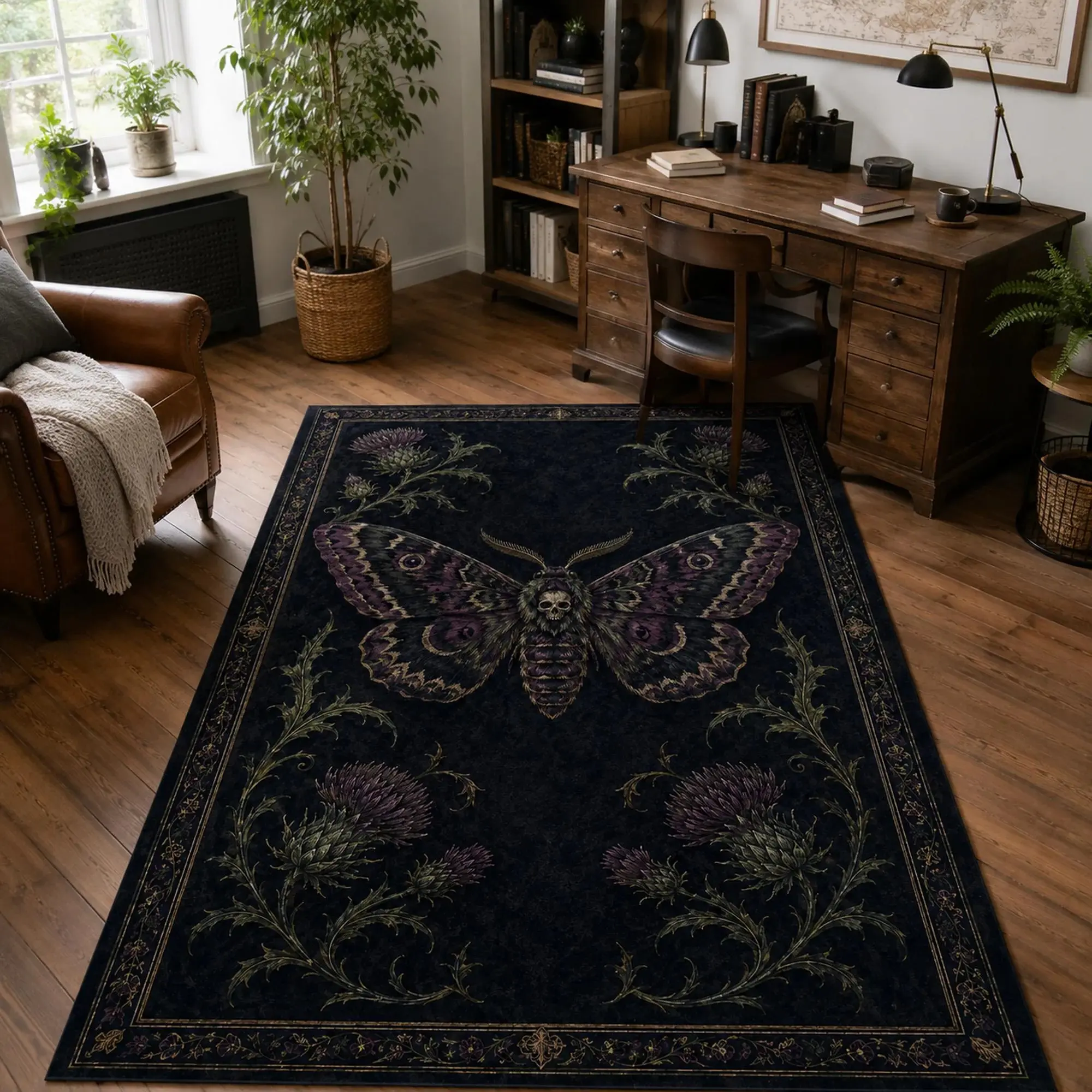 Skull Moth Area Rug, Gothic Botanical Rug, Thistle Floral Decor Carpet