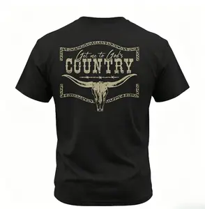 Men'S Western Bull Head Pattern T-Shirt - 100% Heavy Duty Loose Style Black And Beige, Suitable for Rural Music Ranch Daily Casual Wear, All-Season Breathable Crew Neck Short Sleeves Top
