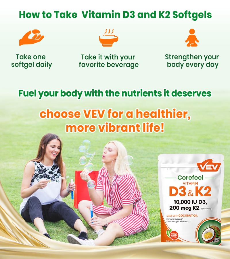 VEV Vitamin D3 K2, 2 in 1 Vitamins Supplement D & K, 10000 IU, 300 Virgin Coconut Oil Softgels, Dietary Healthcare Daily Health Bundle