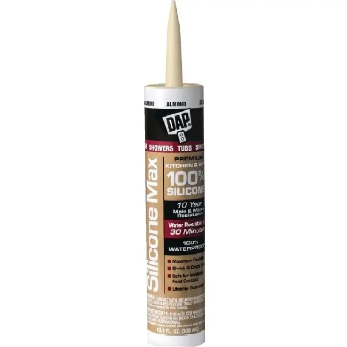Dap 268050 Premium Almond 100% Silicone Kitchen & Bath Sealant - 10.1 oz (0.63 lbs) Tub & Back Splash Liquid Adhesive, Indoor Use, Flexible, Shrink & Crack Proof, 20-Year Moldproof & Mildew Resistant, Water Resistant, Food Contact Safe, All-Seasons Use