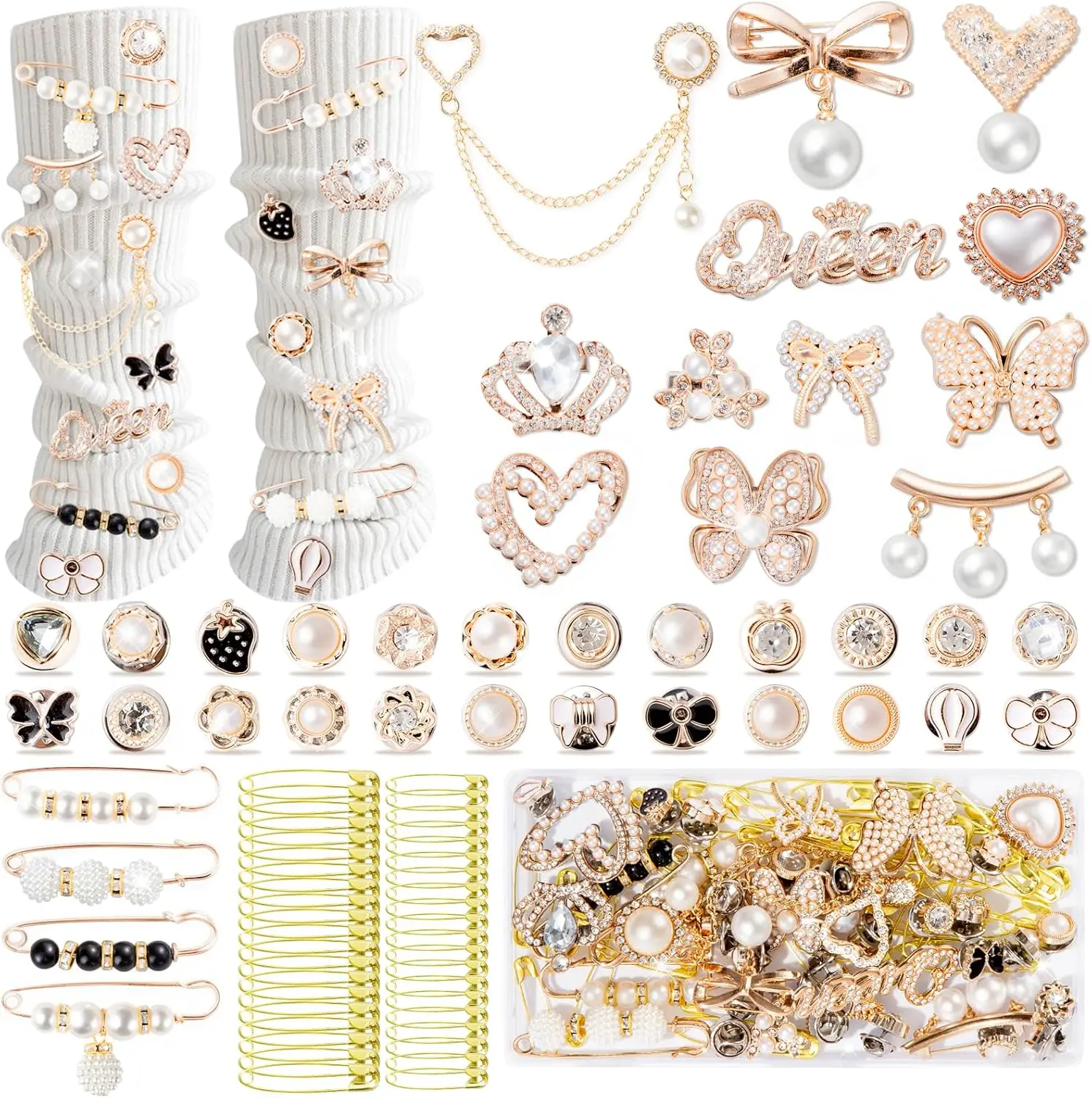 Female 80pcs Golden Junk Socks Charms Kit - Casual Elegant Gold Brooches with Safety Pins, Pearl & Rhinestone Shoe Charms for Hats, Clothes, Bags