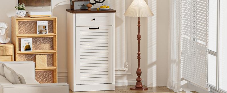 【Does Not Include Trash Can】 Spurgehom Maximize Your Space: Freestanding 13 Gallon Cabinet Discreetly Combines a Tilt-Out Trash Can, Laundry Hamper & Drawers. Keep Your Kitchen or Living Room Organized and Clutter-Free