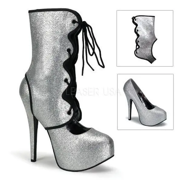 Women's Bordello TEEZE-31G Silver Glitter Convertible High-Heel Pumps - Chic, Sleek Footwear with Detachable Boot Accent, Sparkle, Detachable Shaft, Glittered, Heeled, High Heels, Shoe, Concealed Platform, Convertible Heel Pumps