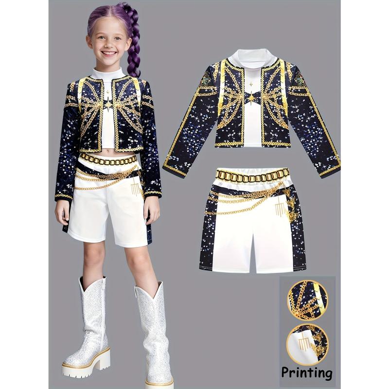 Girls K-POP Demon Huntre Huntrix Rumi Mira Role Play Costume Set Girls 3pcs Short Sleeve Crop Top Skirt Halloween Party Dress Up Clothes Birthday gift for Kids Comfortable Polyester Fabric Superstar Outfit