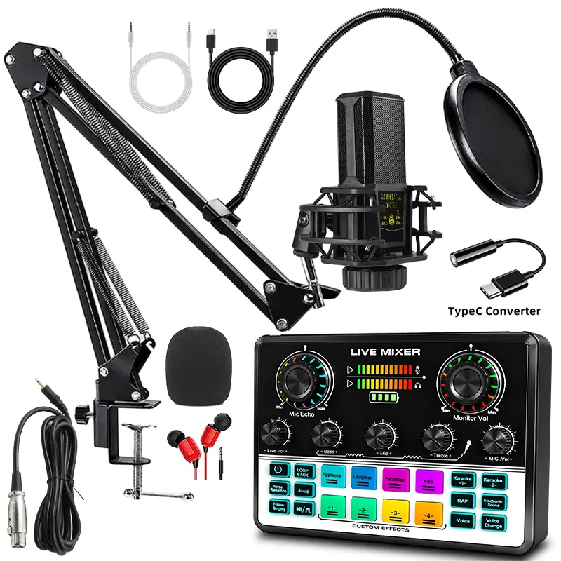 Safring V8S Pro+240 Podcast Equipment Bundle with Live Mixer, BM800 USB Rechargeable Condenser Microphone, Voice Changer, Recording Function, Sound Card, Desk Clamp for Podcasting, Live Streaming, PC Mobile TikTok YouTube