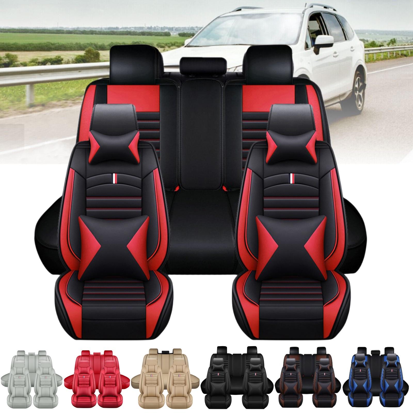 Premium Napa PU Leather Car Front Rear Seat Cover Full Set 5 Seat Protector Mat Breathable Cushion Pad Set Universal ,Full Surround Design with Storage Bag, with 2pcs Head Pillow and 2pcs Waist Pillow - Valentine's Day Gift For Lover