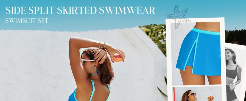 【S-2XL】Hanna Nikole Bikini Sets for Women Color Block Swimsuits with Side Slit Swim Skirt