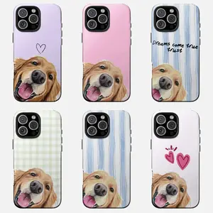 Happy Golden Retriever Aesthetic Phone Case, Coquette Dog Mom iPhone Cover, Pastel Gingham Stripes Hearts Shell, Protective Shockproof Dog Case, Glossy Case For iPhone 17 Pro Max 16 Plus 15 14 13 Mini 12 11, Samsung Galaxy S25