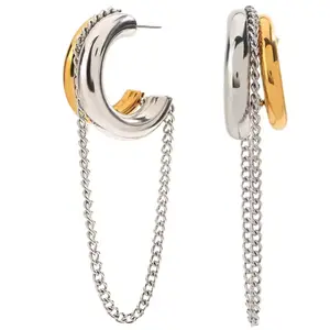 Two Tone Double Hoop with Dangling Chain - Pair - Stainless Steel