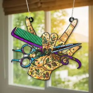 Hair Stylist Scissors Comb Window Hanging – Acrylic Stained Glass Style Sun Catcher Decor for Salon or Barber Gift