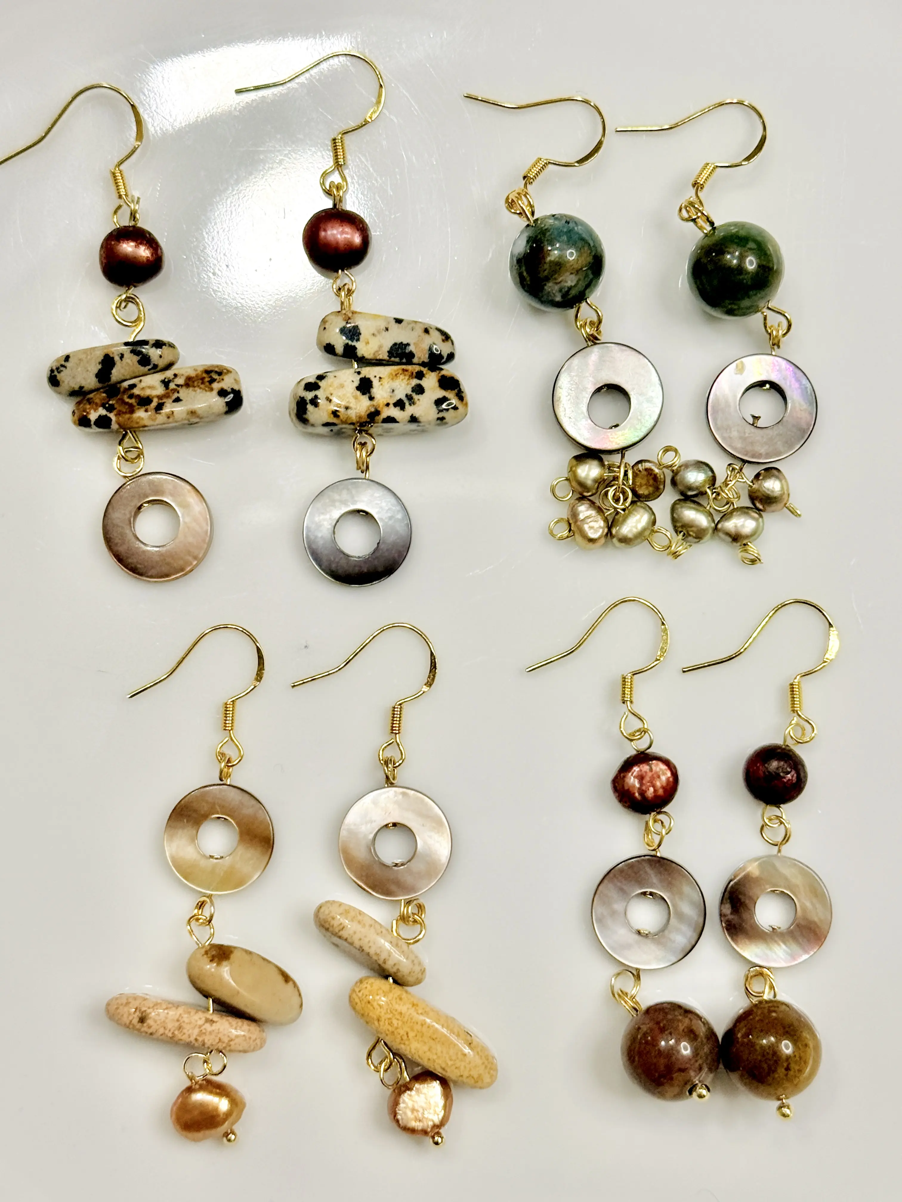 Handmade Natural Shell & Raw Stone Dangle Earrings with Freshwater Pearls - Unique Earthy Boho Jewelry