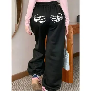 Women's Drawstring Cuffed Sweatpants, Elastic Waistband Design, Skull Hand Print, Casual All-Season Wear, Comfortable & Stylish