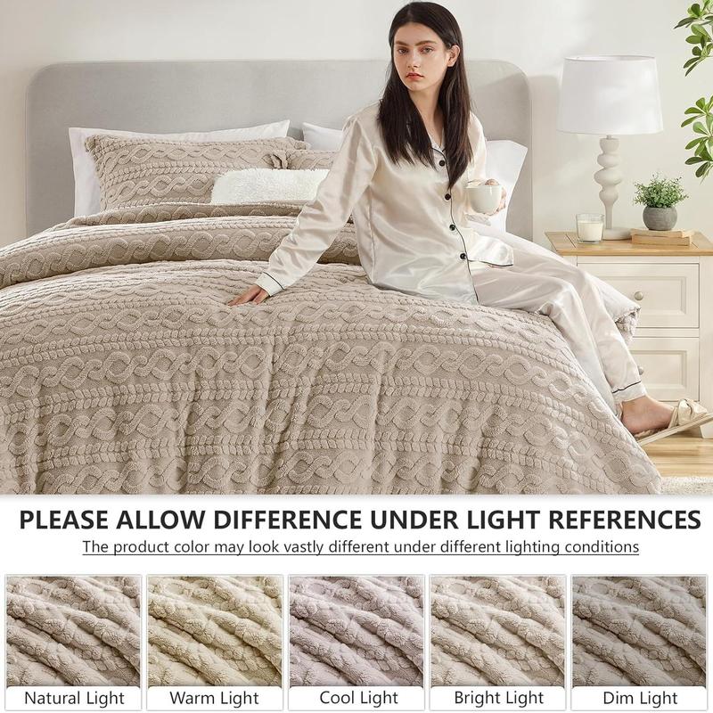 HOMELIKE MOMENT Queen Size Reversible Fluffy Fleece Comforter Set Ultra Soft Cozy Machine Washable Bedding for Christmas Winter Dorm & Bedroom Decor Beige 3-Piece Set, Valentines Gifts