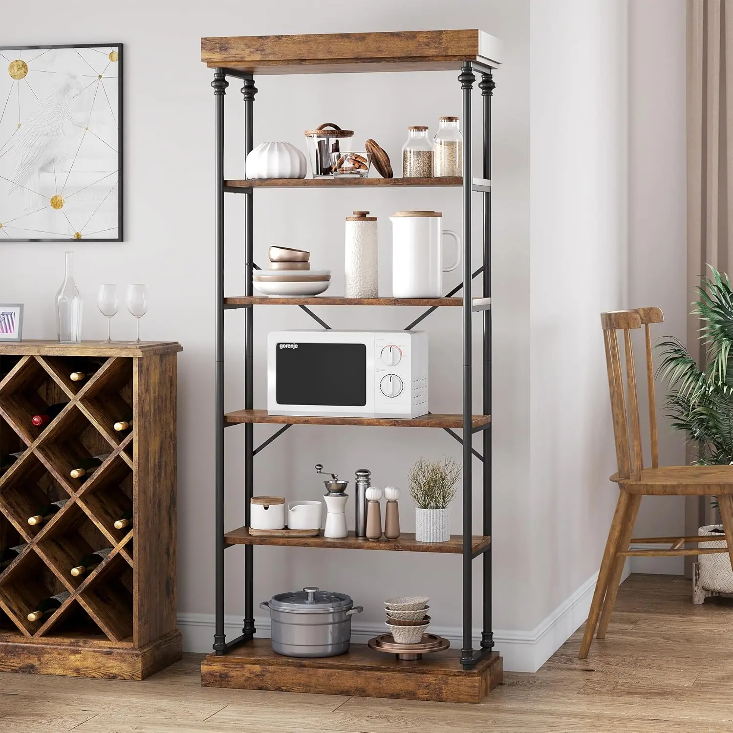 6 Tier Book Rack Storage Bookshelf Industrial Bookcase Shelf Storage Organizer for Home/Office/Living Room/Kitchen 74 Inch Metal Frame and Wooden Shelves Unit - Brown
