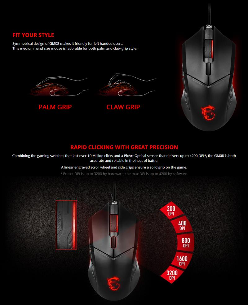 MSI Clutch GM08 Gaming Mouse, 4200 DPI, Optical Sensor, 3 Adjustable Weights, Red LED Lighting, Symmetrical Design
