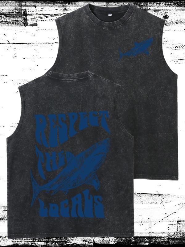 Men's Retro Street Style Sleeveless Tank Top - 100% Cotton, Washed Vintage Look, Loose Fit, Round Neck, Graphic Print with "RESPECT THE LOCALS" Design, Blue Shark Illustration, Casual Summer Wear