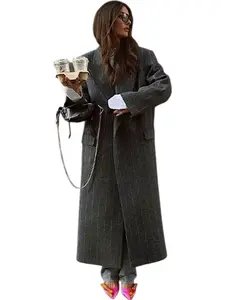 Women's Oversized Grey Pinstripe Long Blazer Coat – Trendy Relaxed Fit, Versatile for Office, Casual Outings & Weekend Dates, Chic Fall Spring Outerwear