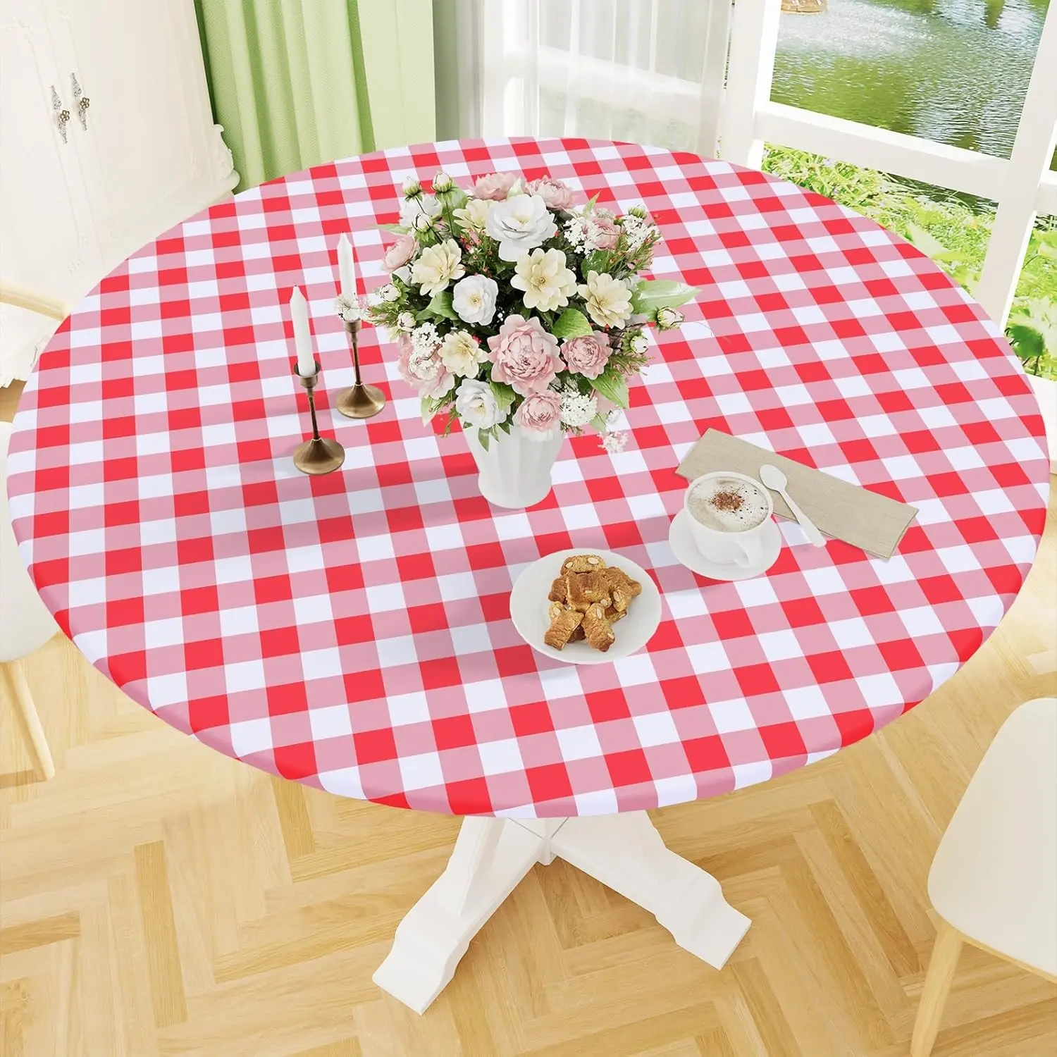1pc Round Grid Table Cover, Vinyl Waterproof Oil-Resistant Easy-Clean, Non-Slip Tablecloth, Elastic Edge Flannel Backing, Indoor Outdoor Use, Camping Wedding Patio, Easily Clean