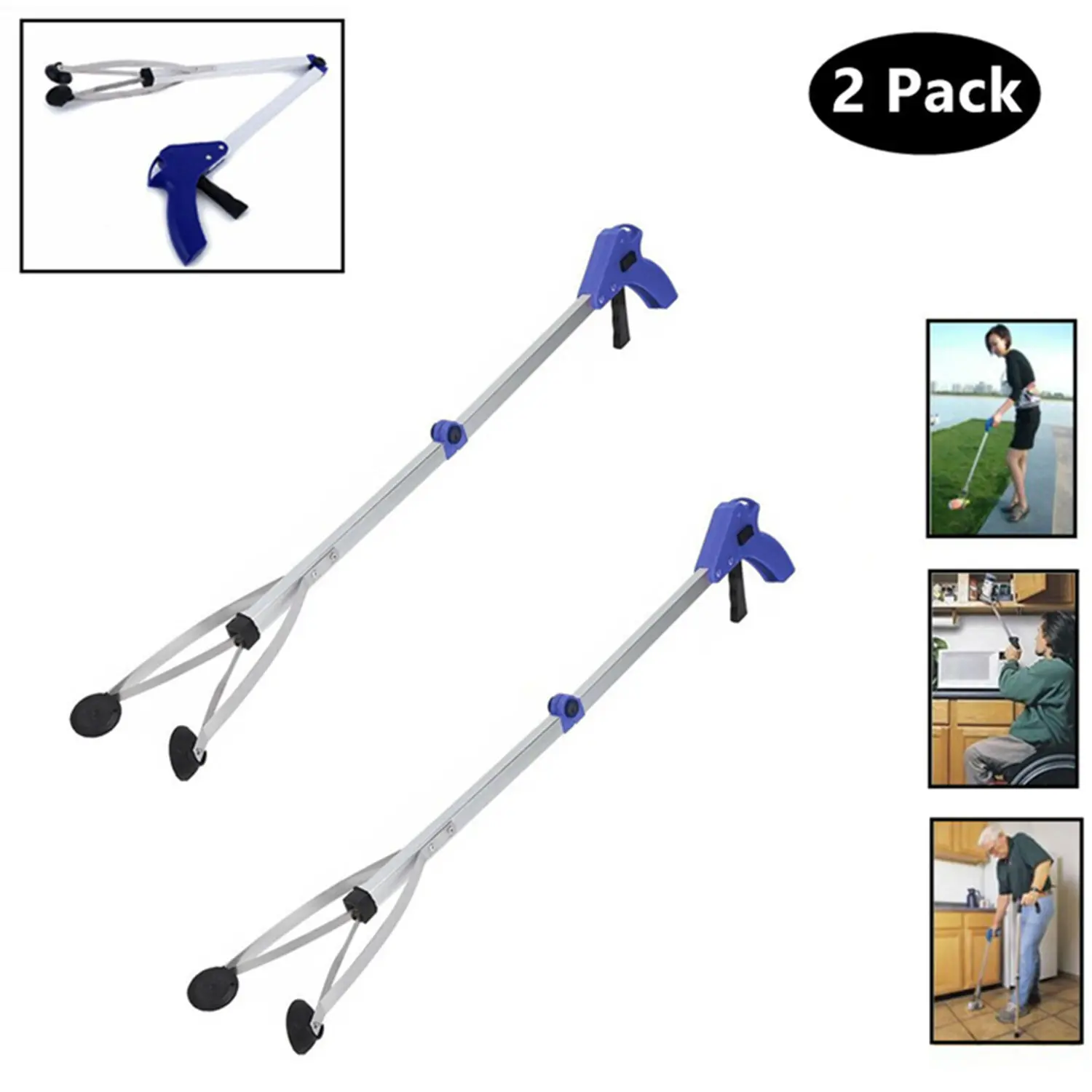 2 Pack Foldable Reacher Grabber Tool, Long 32" Foldable Extender Gripper Tool, Suction Cups for Precise Work, Claw Trash Garbage Picker, Garden Nabber, Mobility Aid Pick Up Tool