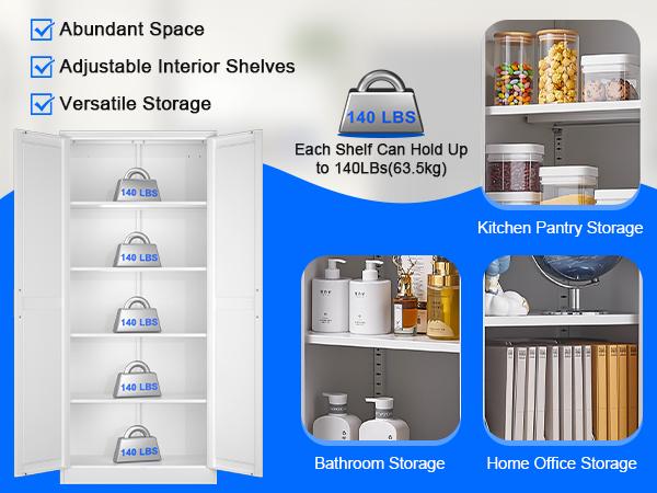 71 Inch Farmhouse Metal Pantry Cabinet, Tall Storage Cabinet with Doors and Adjustable Shelves for Kitchen/Dining/Living Room, Tall Freestanding Storage Cabinet for Garage/Laundry Room/Bathroom, White/Black