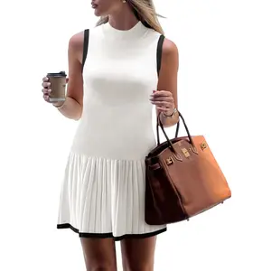Wenrine Women's Sleeveless Summer Mini Dress Mock Neck Ribbed Knit Ruffle Pleated Casual Tank Dress
