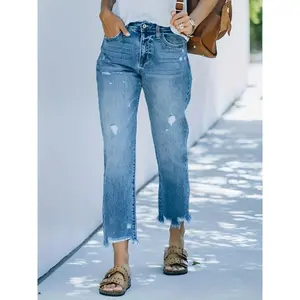 Tear off light blue casual nine minute straight wash jeans for women, raw linen tear off old jeans - washed blue diagonal pocket denim pants, suitable for streetwear style women's underwear, polyester pants, comfortable