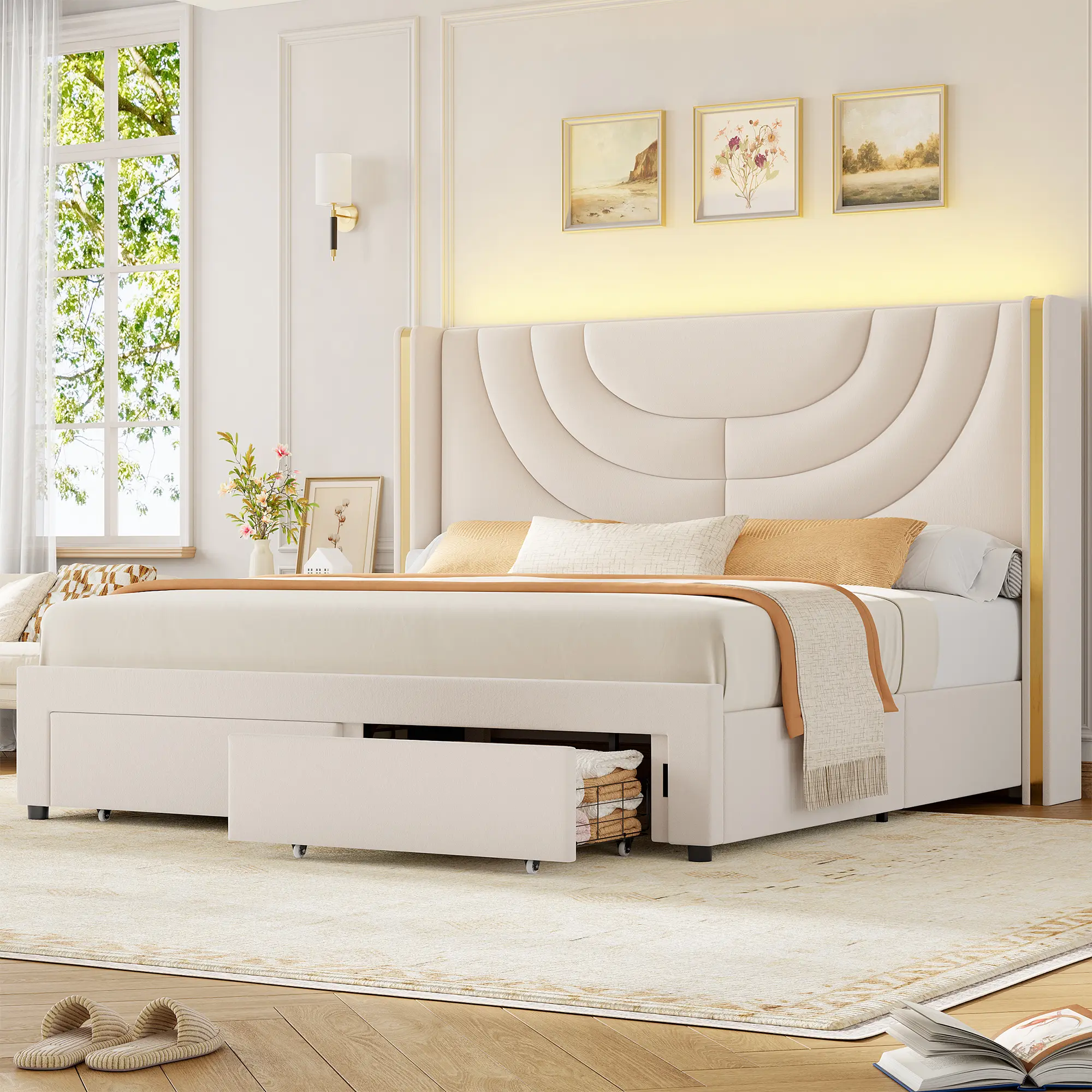 [No mattress] HOSTACK Upholstered LED Bed Frame with Storage Drawers, Wingback Headboard, Solid Wooden Slats Support, No Box Spring Needed, Headboard Splicing Design,dorm essentials,home decor