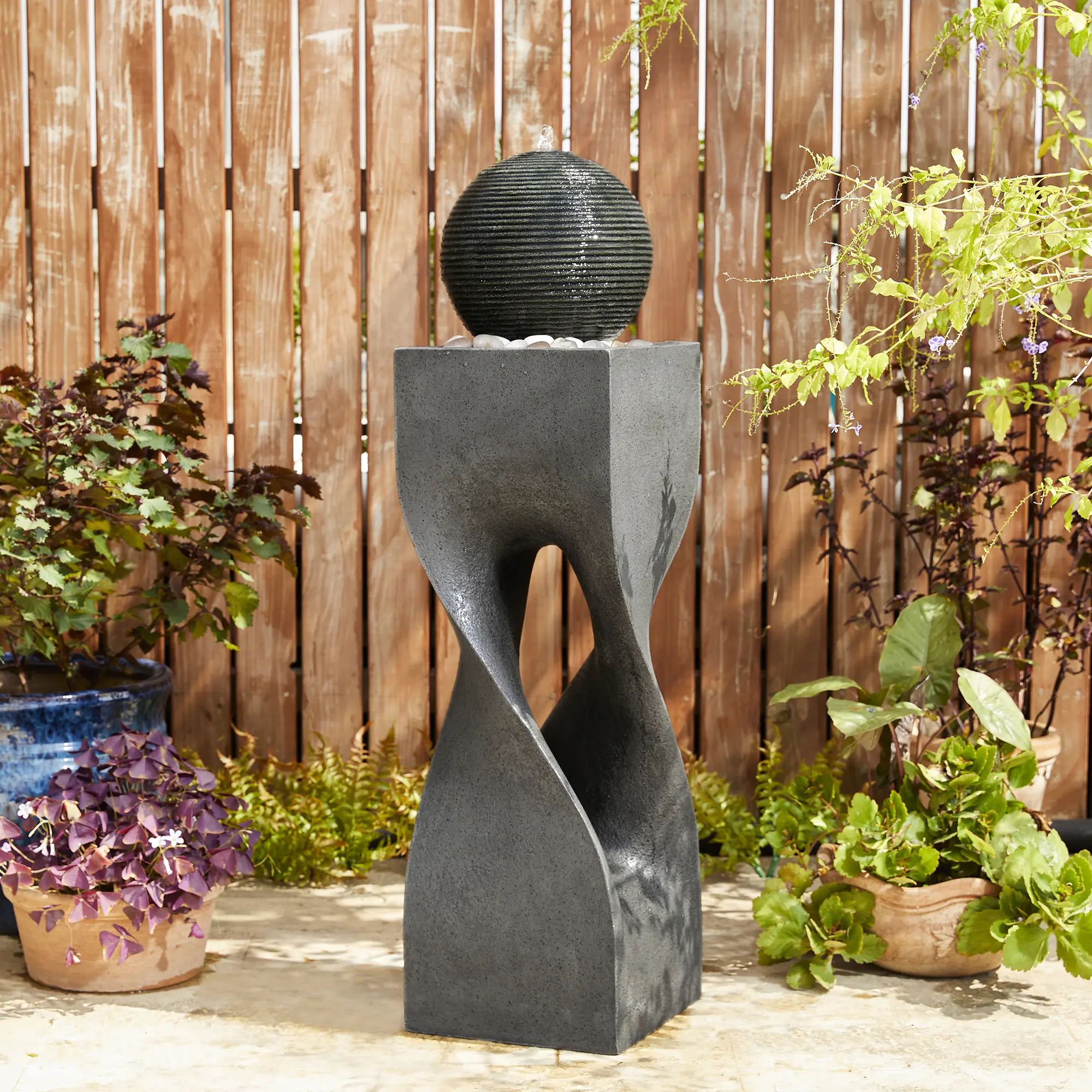 Glitzhome 40.5"H Oversized Modern Geometric Polyresin Garden Fountain - Pedestal & Sphere Outdoor Floor Waterfountain with Pebbles, Pump, LED Lighted Lights (KD, Stone Garden Fountains), Led Lighted Fountain