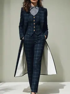 Elegant Three-Piece Set Navy Checkered Long Jacket Vest with Golden Buttons & Tailored Trousers for Women Winter Autumn Fashion - Suit
