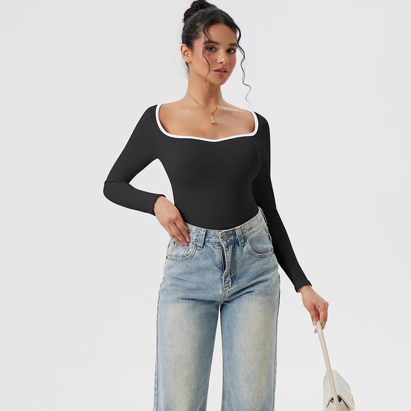 OQQfitness Womenswear Sweetheart LongSleeve Casual Top Fall Fashion Bodysuits Minimalist Contrast Binding Shirt Going Out Basic Outfit
