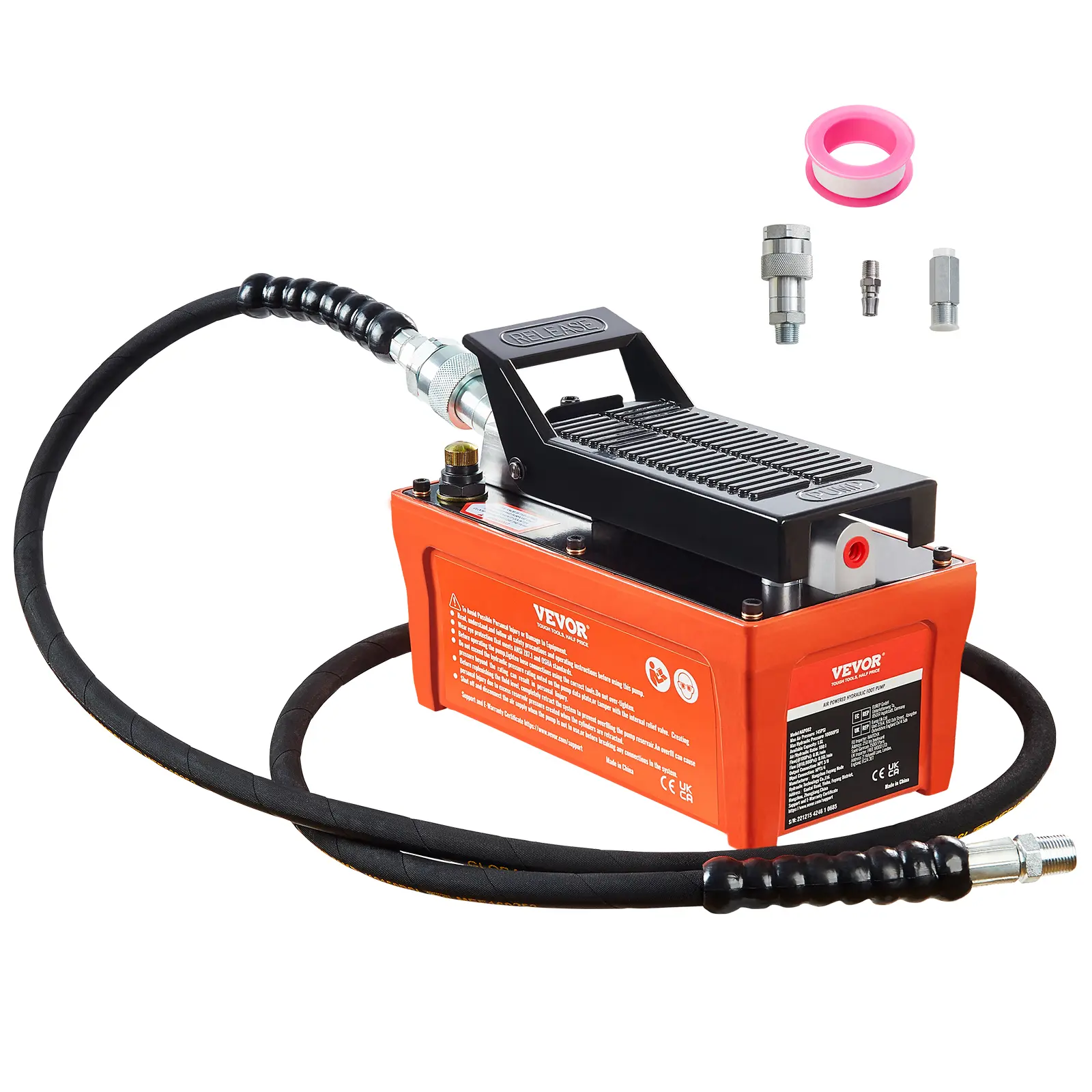 【summerfinds】VEVOR Air Hydraulic Pump, 10,000 PSI 1/2 Gal Reservoir, NPT 3/8" Oil Outlet, NPT 1/4" Inlet, 6.6 ft Pipe, Foot Actuated Hydraulic Pump Air Treadle for Auto Body Frame Machines and Pulling Post, Orange, Industrial, Aviation-Grade Aluminum