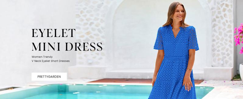 PrettyGarden 2025 Trendy Short Sleeve Mini Dress | V-Neck Eyelet Ruffle Dress | A-Line Swing Summer Outfit | Chic Hollow Out Dress for Women Minimalist