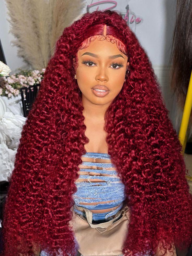 13x6 Hd Colored 99j Burgundy Lace Frontal Human Hair Wig 30 32 Inch Brazilian Water Wave Curly Red Wigs 13x4 Deep Wave Frontal Wig 100% Human Hair Quality On Sale