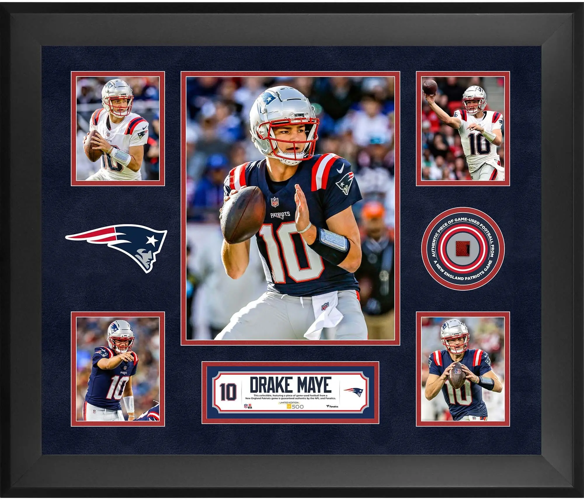 Drake Maye New England Patriots Framed 20" x 24" 5-Photo Collage with a Piece of Game-Used Football - Limited Edition of 500 - Fanatics Authentic Certified