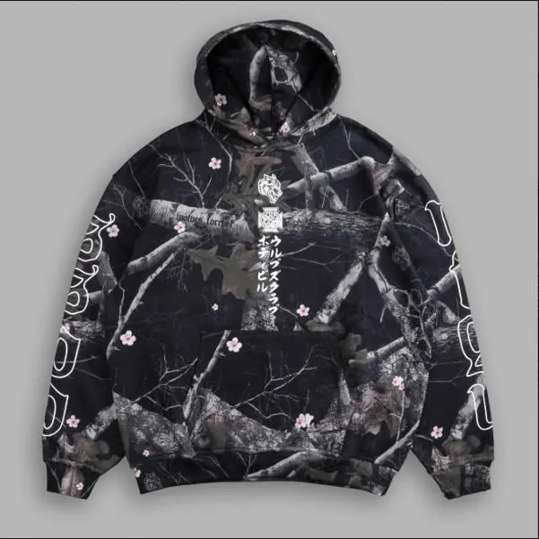 DARCSPORT "In The Woods" Hoodie, In The Woods Wolf Graphic Camo Hoodie, Unisex Oversized Japanese Streetwear Pullover, Black Woodland Camouflage Hoodie