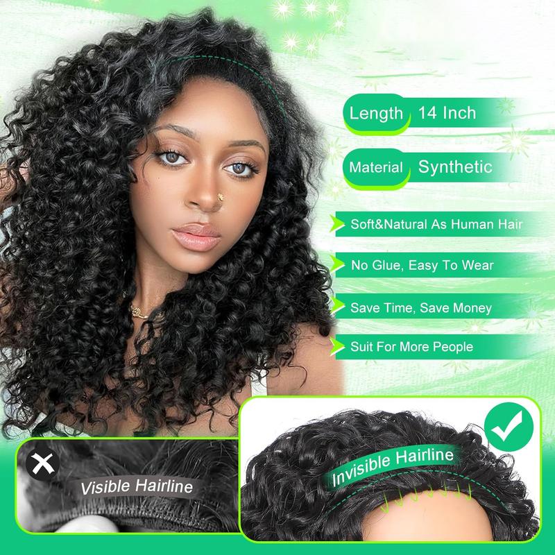 Kinky Curly Half Wig Synthtic Hair180Density curly 3In1 Half Wig Drawstring Seamless Flip Over Ready And Go Glueless Wigs With Beginner Friendly Upgrade Headband Wig for Women Daily Wear 14Inch
