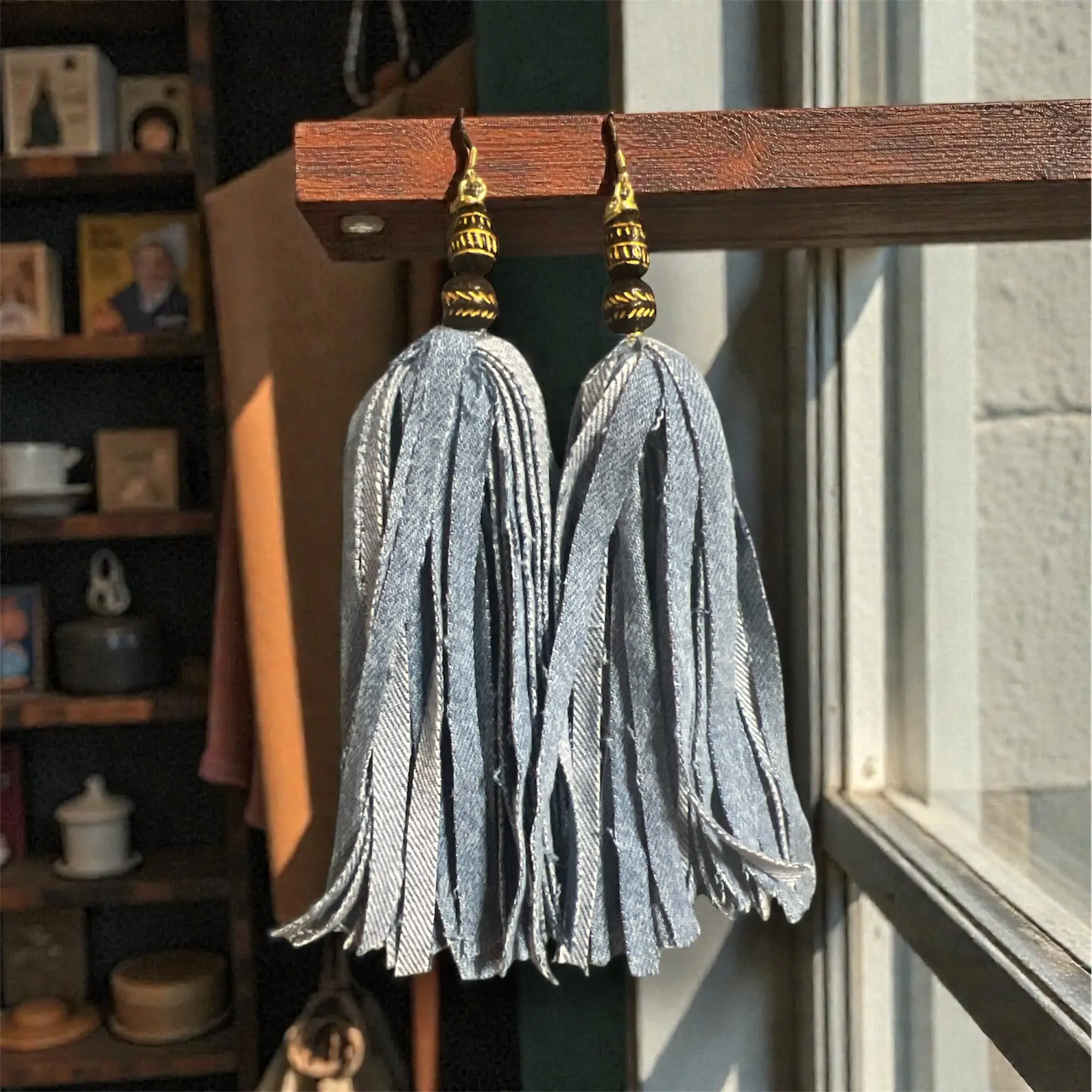 Denim Tassel Earrings with African Beads