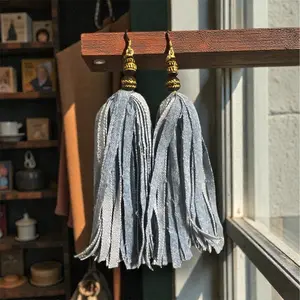 Denim Tassel Earrings with African Beads
