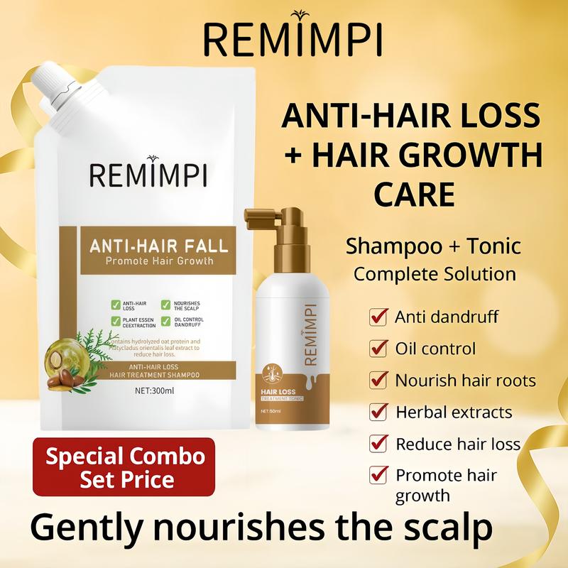 REMIMPI Long-Term Hair Care Set – 3 Anti Hair Loss Shampoos + 1 Growth Tonic | Herbal Strength & Regrowth System for Lasting Results (300ml x 3 + 50ml)