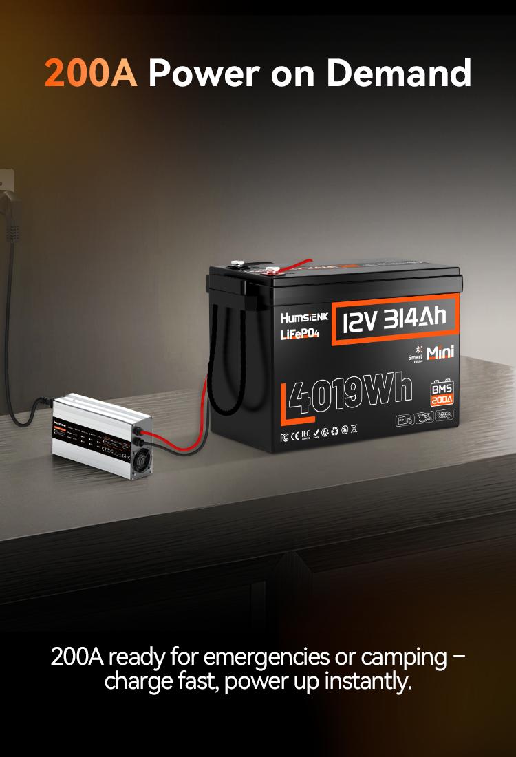 Humsienk 12V 314Ah LiFePO4 Bluetooth Lithium Battery Mini Size Lithium Iron Phosphate with 200A BMS Low-Temp Protection for RV Marine Trolling Motors - Portable Power Station